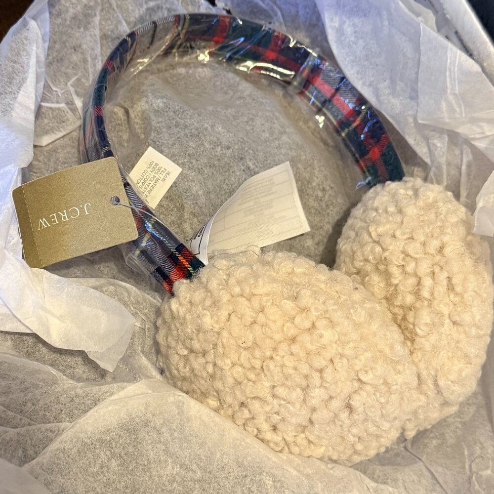 NEW J.Crew Natural / Light Faux Fur Earmuffs Stewart Plaid Tartan Band K6401 - Picture 2 of 7